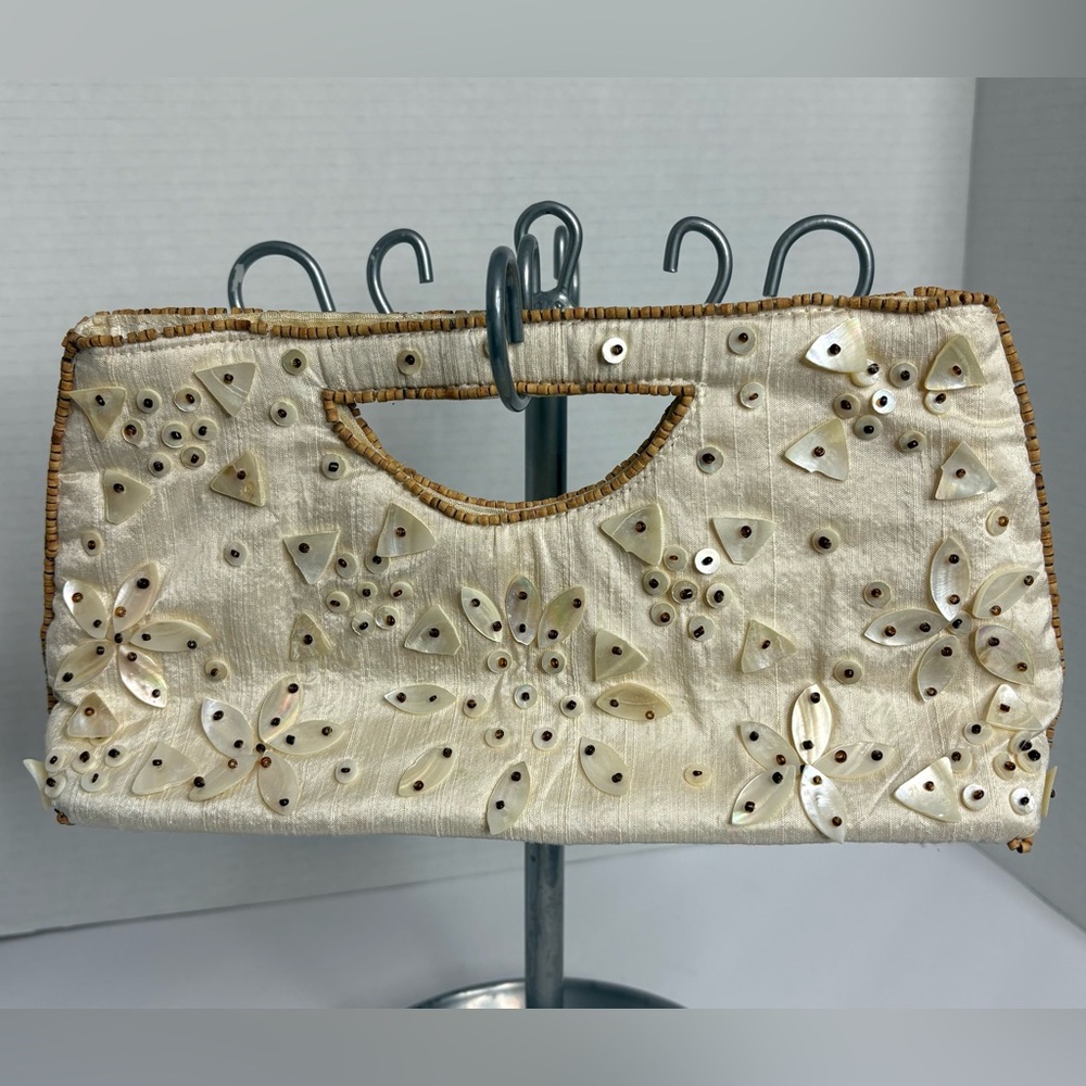 Elegant Beaded Cream Clutch with Floral Accents